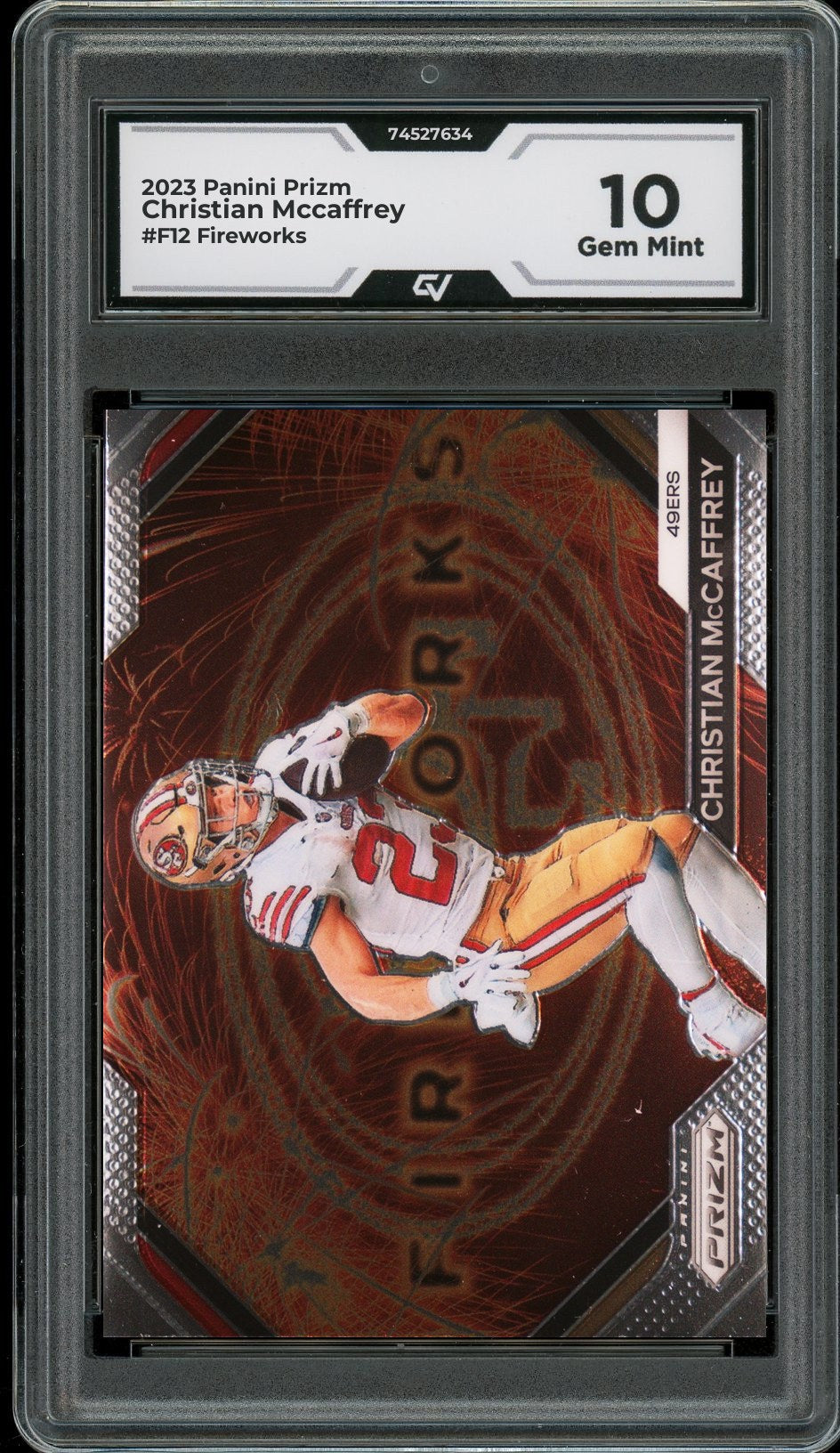 2023 Panini Prizm #F12 Christian Mccaffrey Fireworks Graded 10 Gem Mint - Front