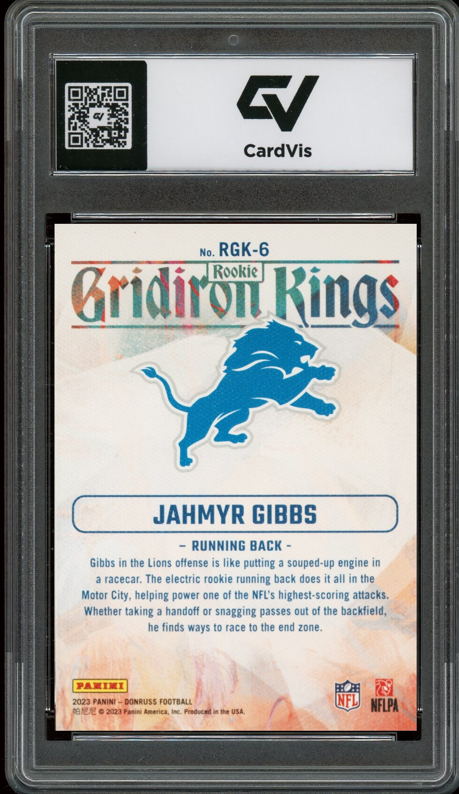 2023 Panini Donruss #RGK6 Jahmyr Gibbs Rookie Gridiron Kings Rookie Card RC Graded 10 Gem Mint - Back