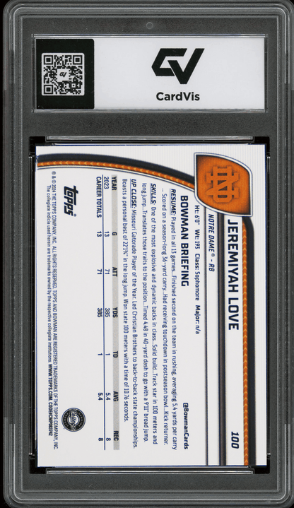 2024 Bowman University Chrome #100 Jeremiyah Love Graded 10 Gem Mint - Back