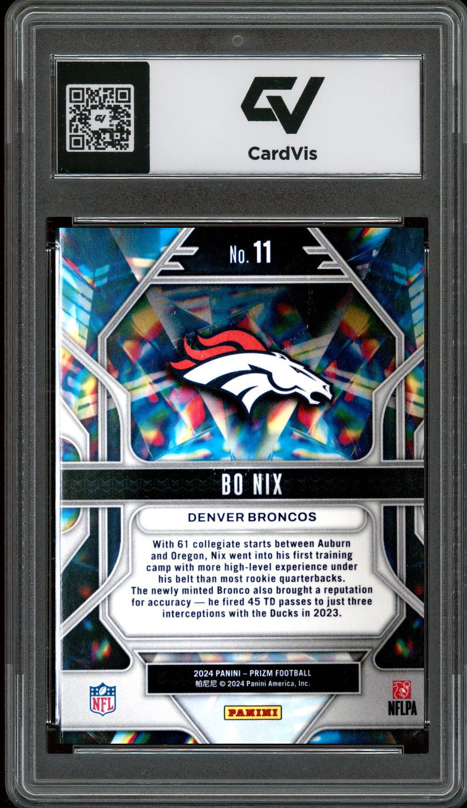 2024 Panini Prizm #11 Bo Nix Prizmatic Rookie Card RC Graded 10 Gem Mint - Back