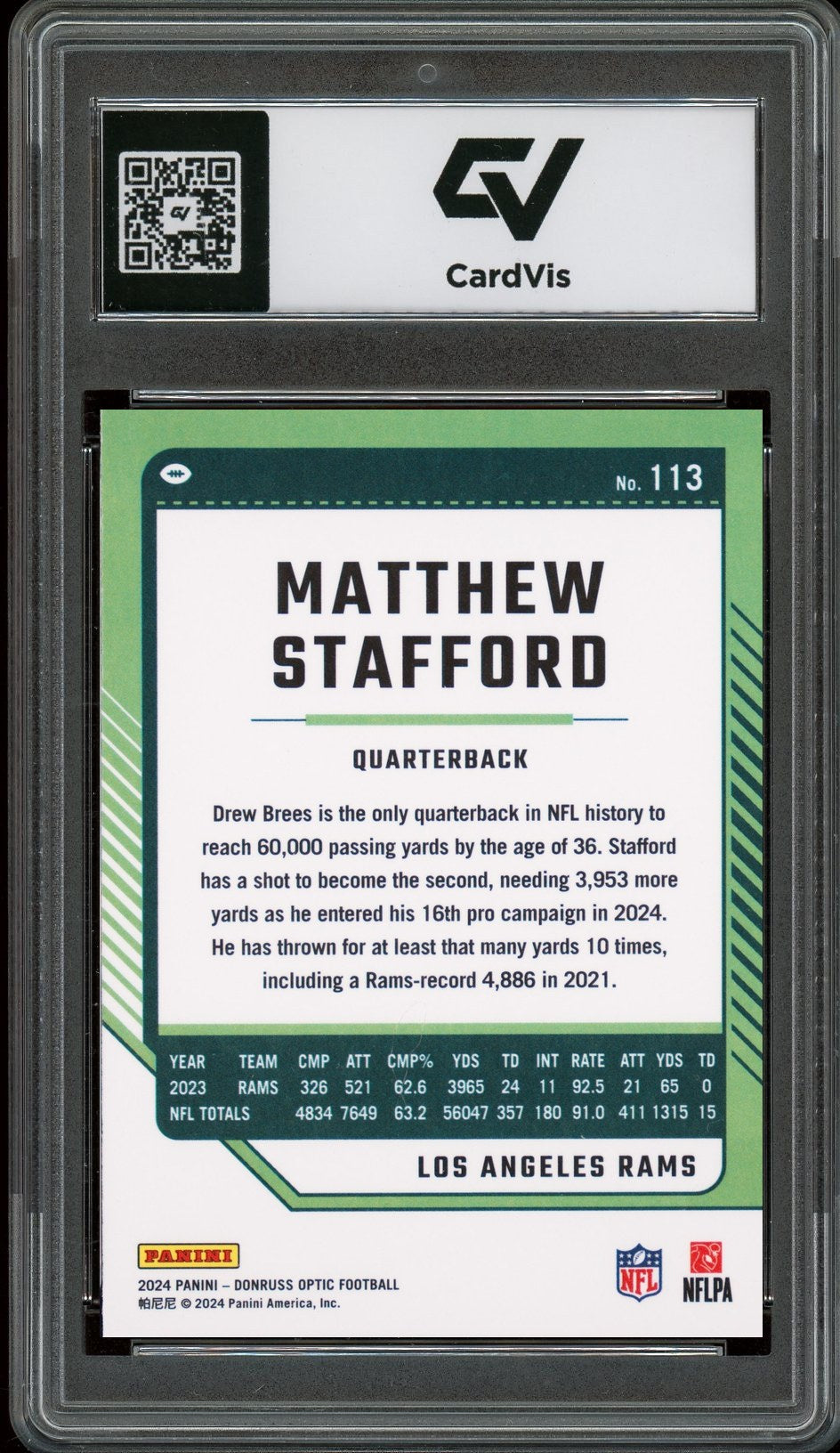 2024 Panini Donruss Optic #113 Matthew Stafford Graded 10 Gem Mint - Back
