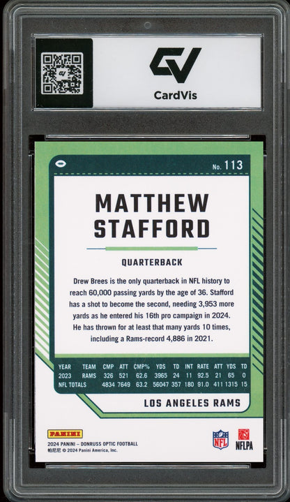 2024 Panini Donruss Optic #113 Matthew Stafford Graded 10 Gem Mint - Back