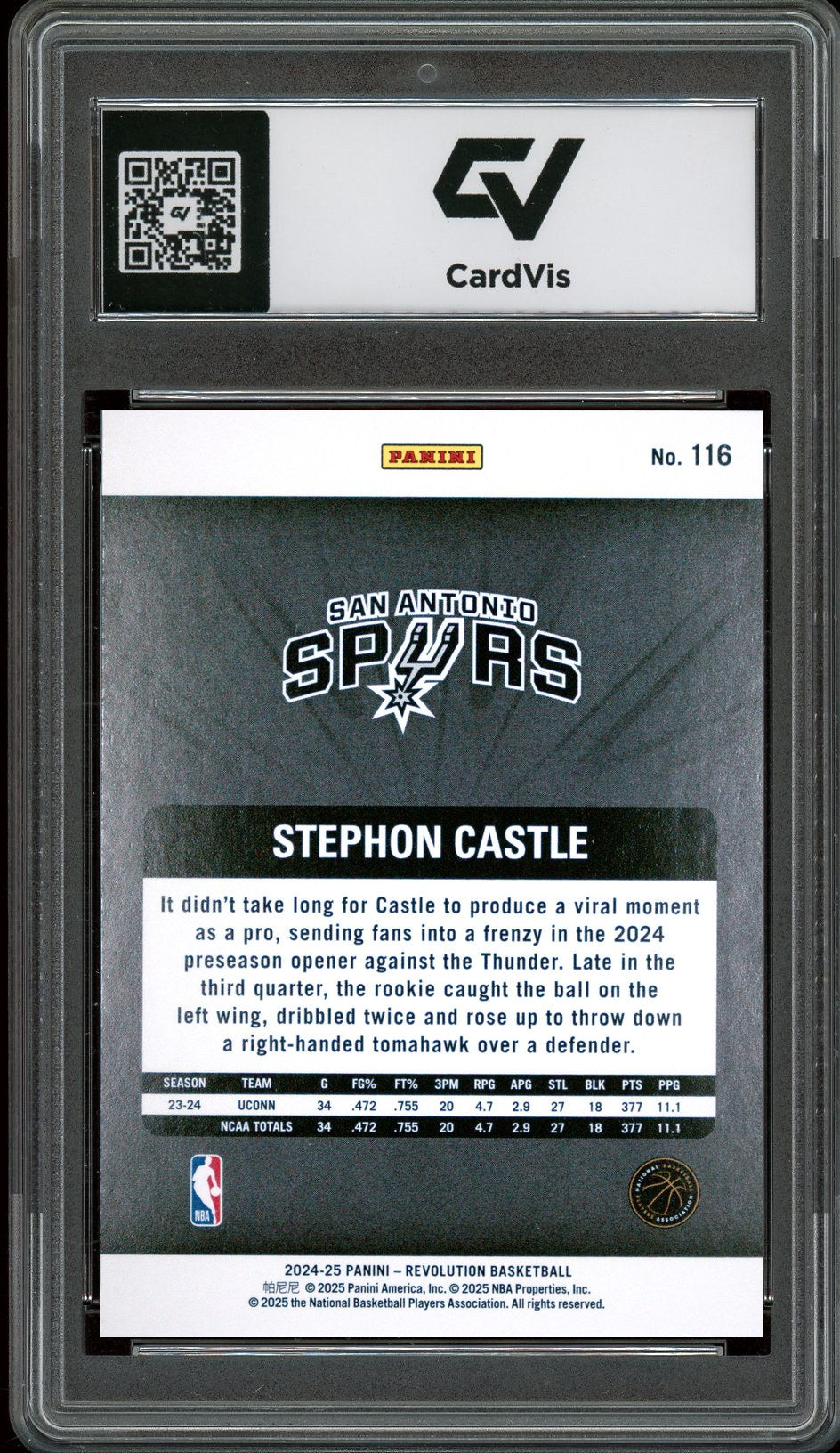 2024 Panini Revolution #116 Stephon Castle Graded 10 Gem Mint - Back