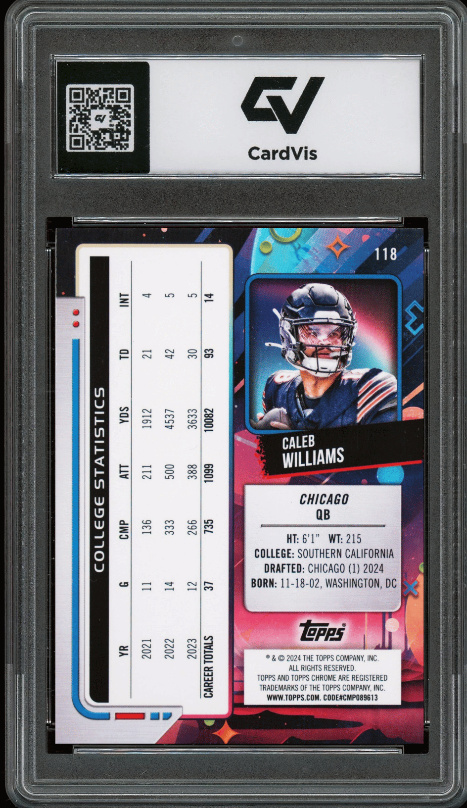 2024 Topps Cosmic Chrome #118 Caleb Williams Graded 10 Gem Mint - Back