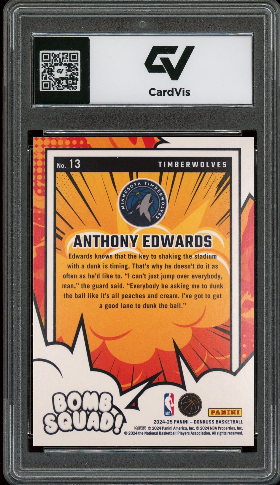 2024 Panini Donruss #13 Anthony Edwards Bomb Squad Graded 10 Gem Mint - Back
