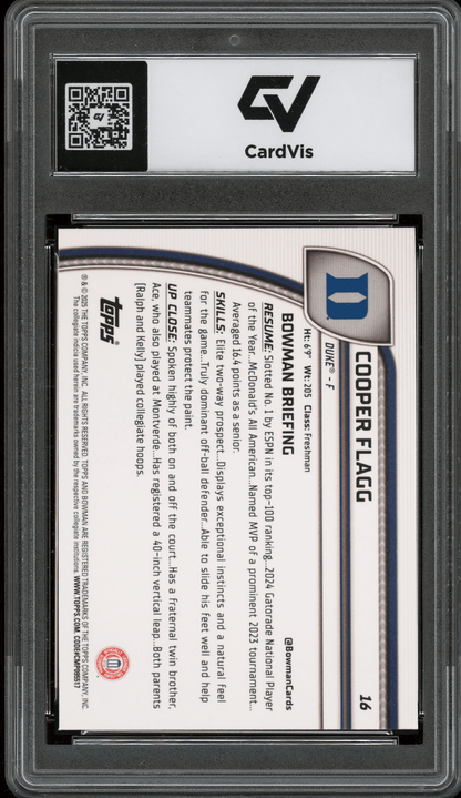 2024 Bowman Chrome University #16 Cooper Flagg Graded 10 Gem Mint - Back