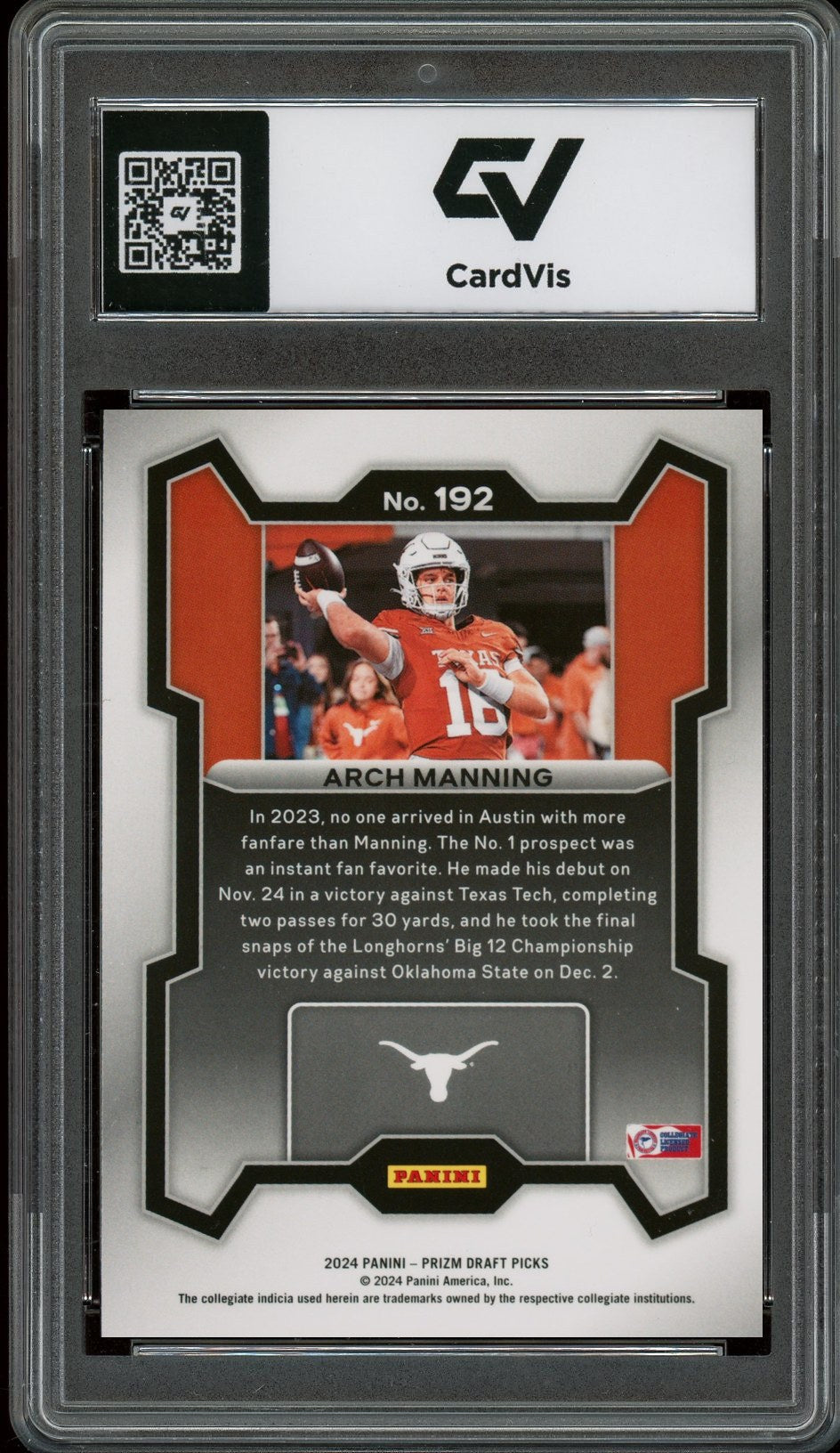 2024 Panini Prizm Draft Picks #192 Arch Manning Rookie Card RC Graded 10 Gem Mint - Back