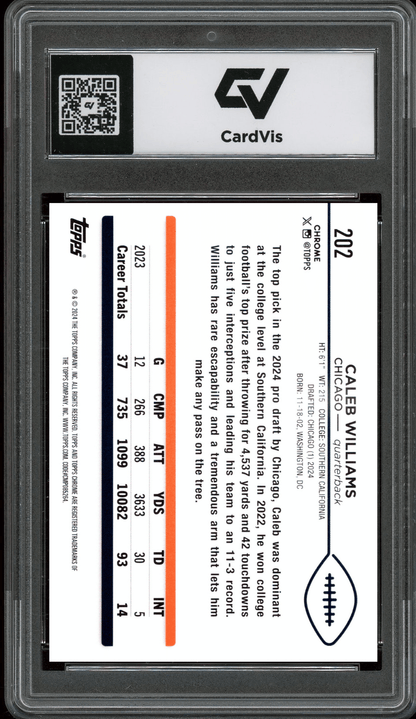 2024 Topps Chrome #202 Caleb Williams Graded 10 Gem Mint - Back