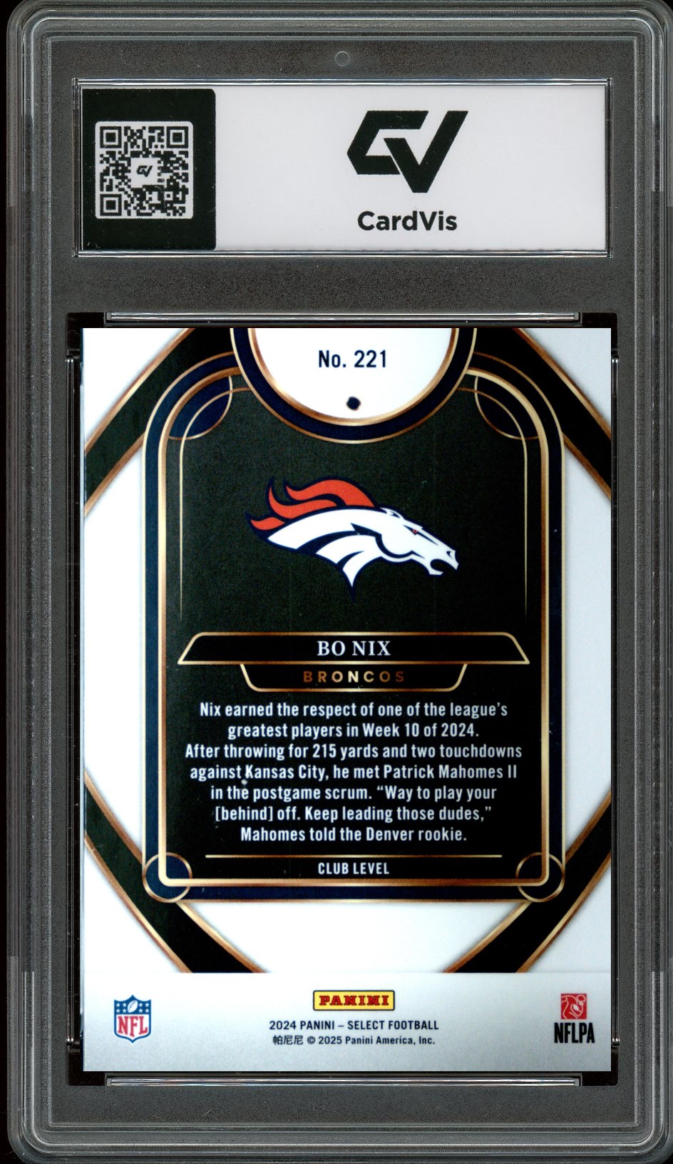 2024 Panini Select #221 Bo Nix Rookie Card RC Graded 10 Gem Mint - Back