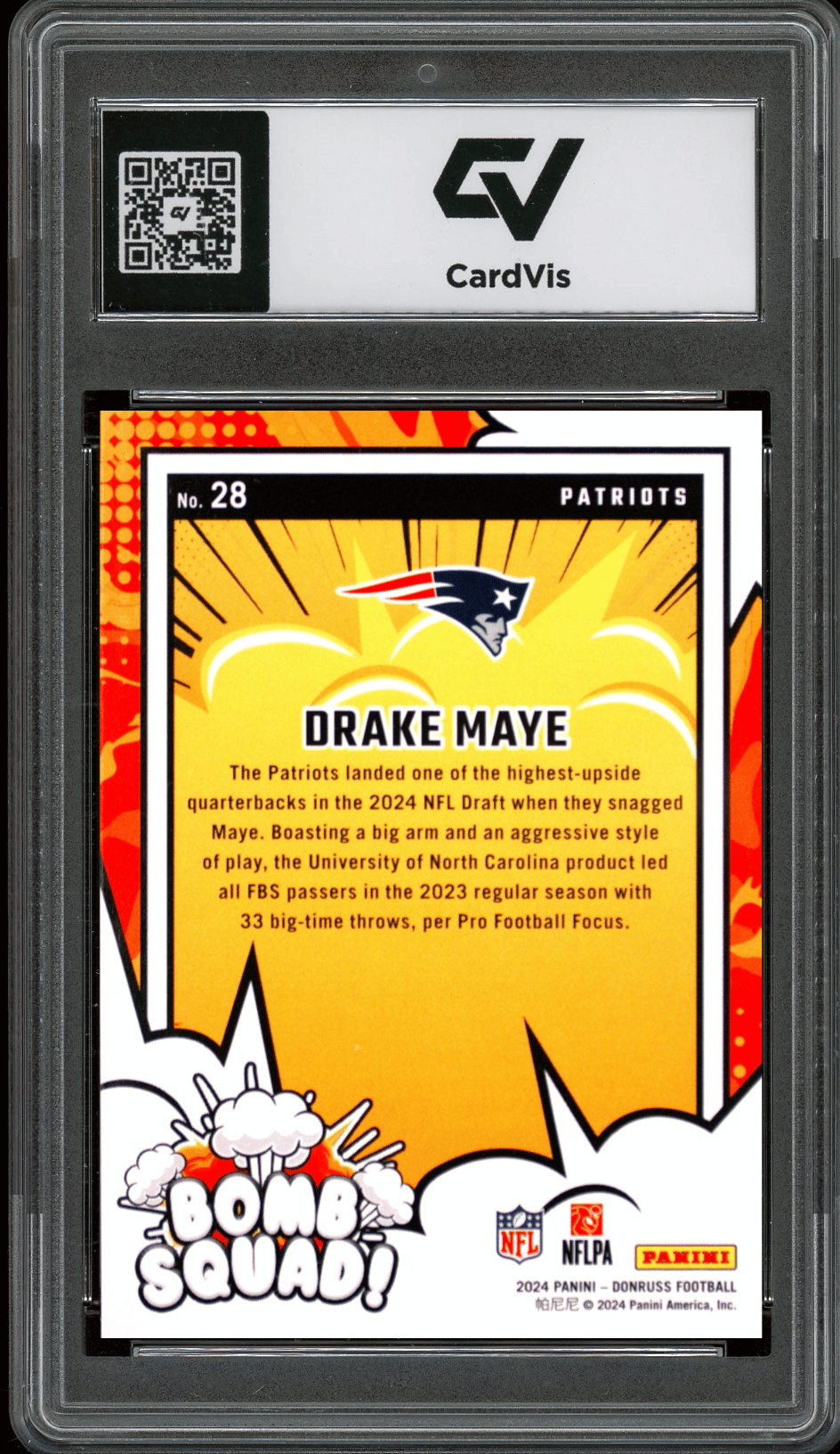 2024 Panini Donruss Bomb Squad #28 Drake Maye Graded 10 Gem Mint - Back