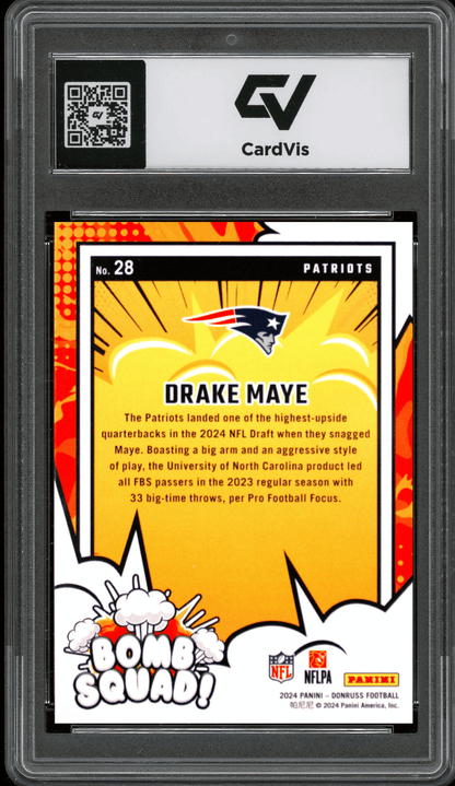 2024 Panini Donruss Bomb Squad #28 Drake Maye Graded 10 Gem Mint - Back