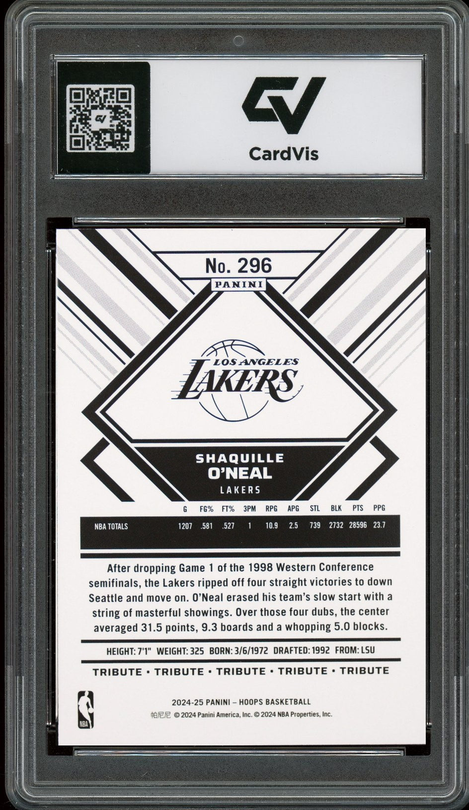 2024 Panini Nba Hoops #296 Shaquille O'neal Graded 10 Gem Mint - Back