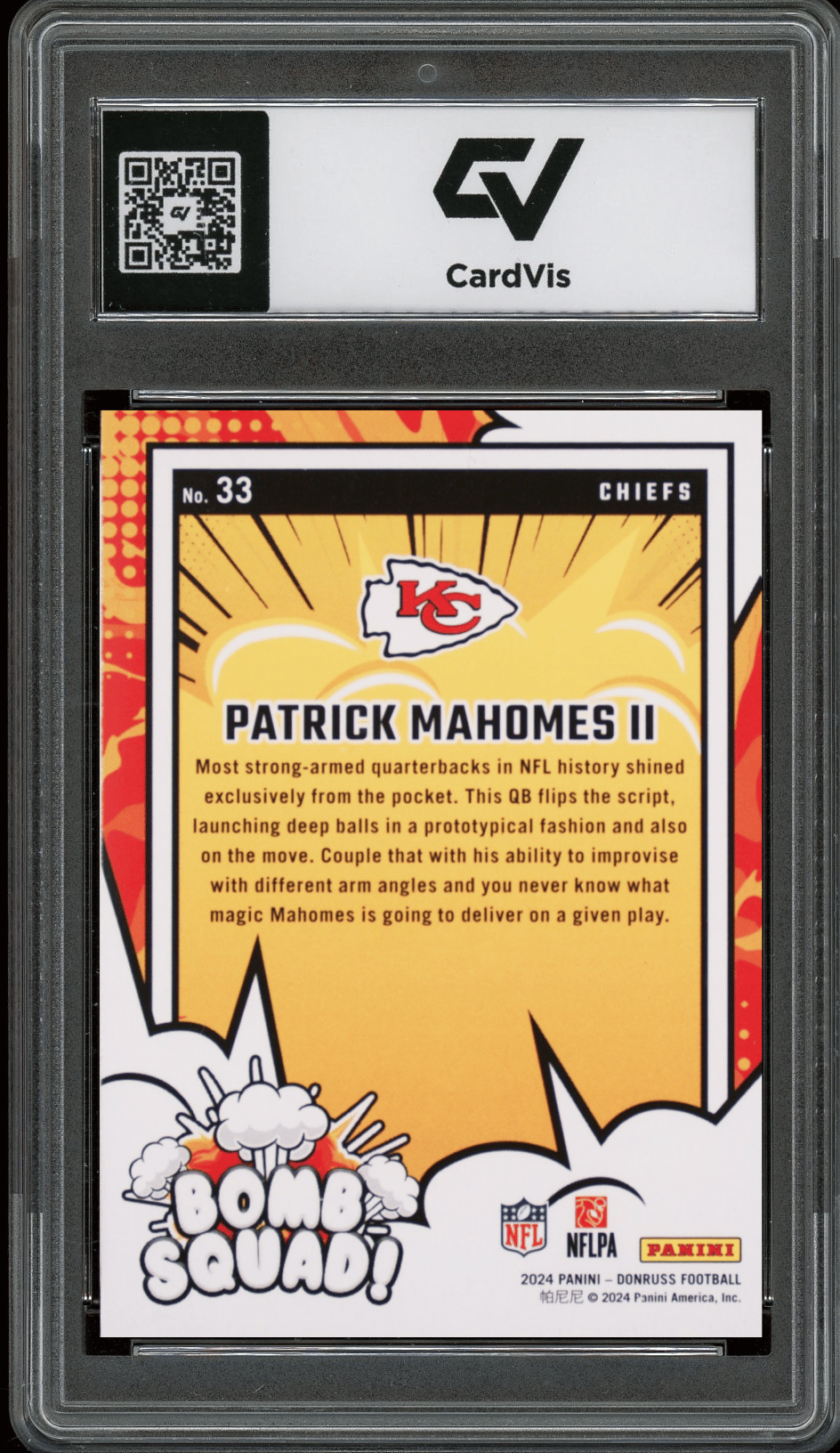2024 Panini Donruss Bomb Squad #33 Patrick Mahomes II Graded 10 Gem Mint - Back