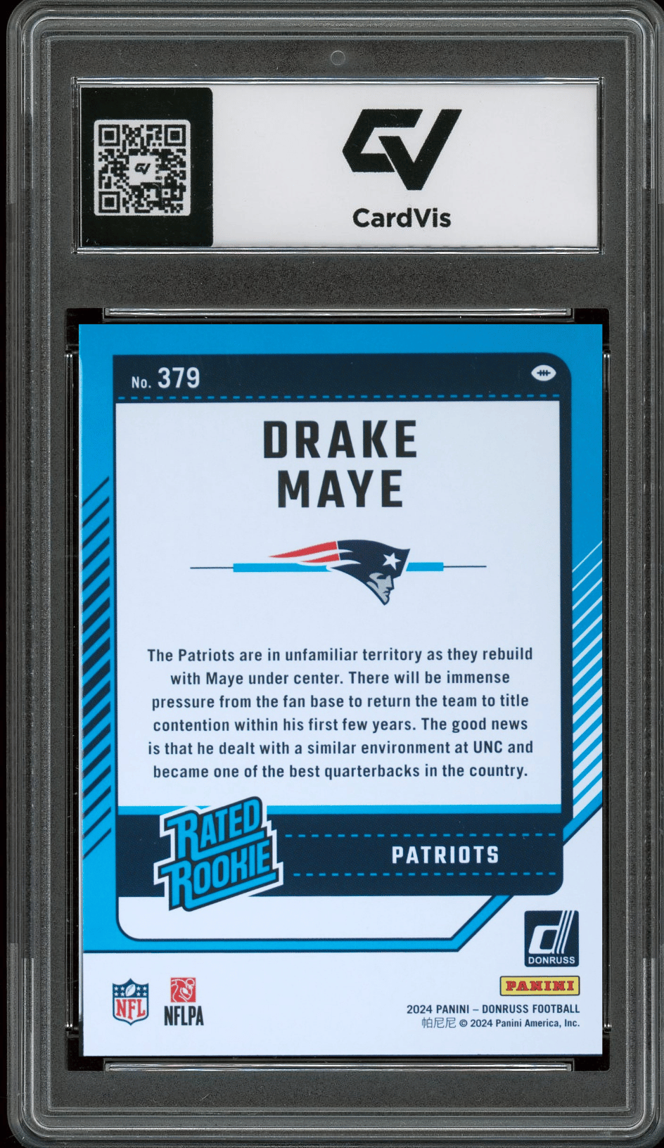 2024 Panini Donruss #379 Drake Maye Graded 10 Gem Mint - Back