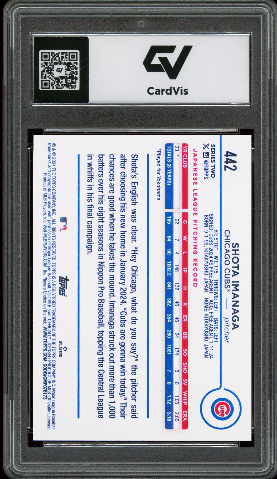 2024 Topps #442 Shota Imanaga Rookie Card RC Graded 10 Gem Mint - Back