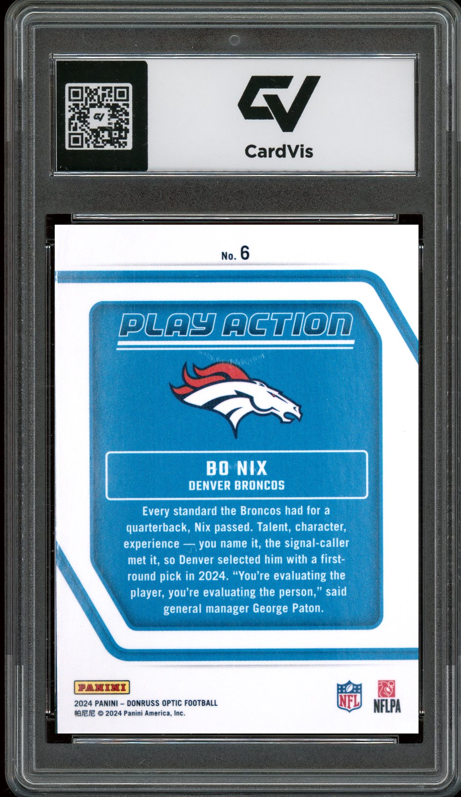 2024 Panini Donruss Optic #6 Bo Nix Play Action Rookie Card RC Graded 10 Gem Mint - Back