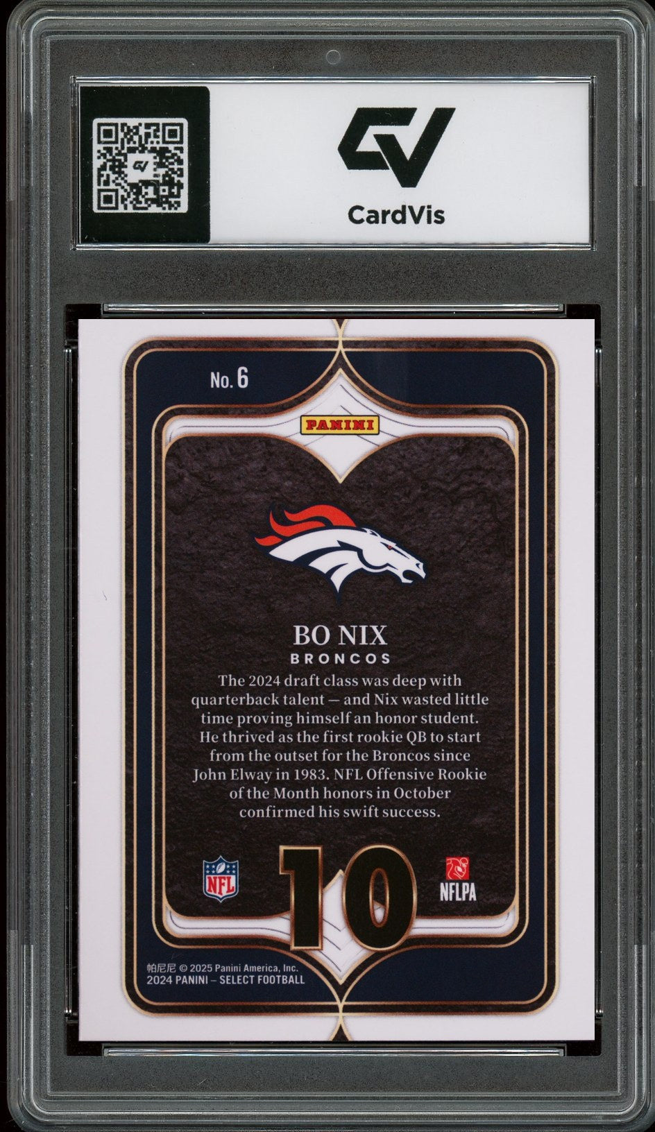 2024 Panini Select #6 Bo Nix Select Numbers Rookie Card RC Graded 10 Gem Mint - Back
