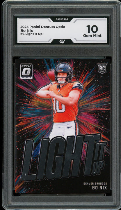 2024 Panini Donruss Optic #6 Bo Nix Light It Up Rookie Card RC Graded 10 Gem Mint - Front