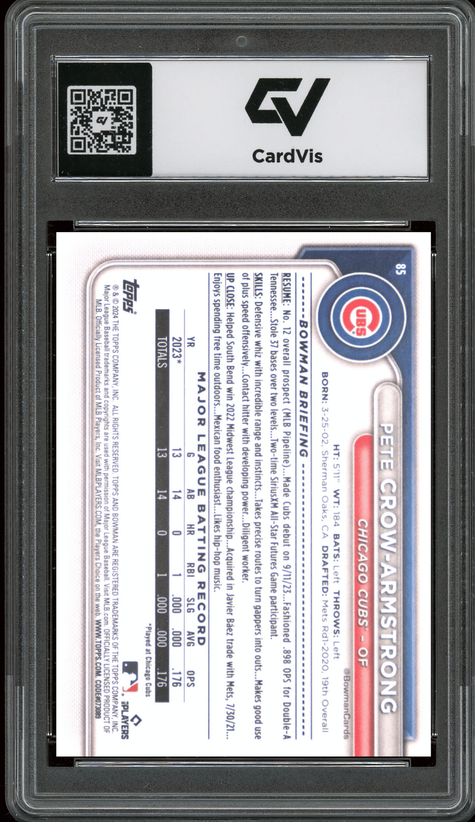 2024 Bowman #85 Pete Crow-Armstrong Graded 10 Gem Mint - Back