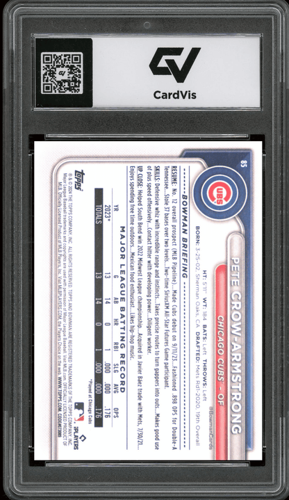 2024 Bowman #85 Pete Crow-Armstrong Graded 10 Gem Mint - Back
