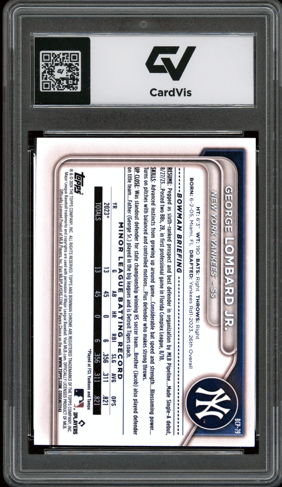 2024 Bowman Chrome Prospects #BCP79 George Lombard Jr Graded 10 Gem Mint - Back