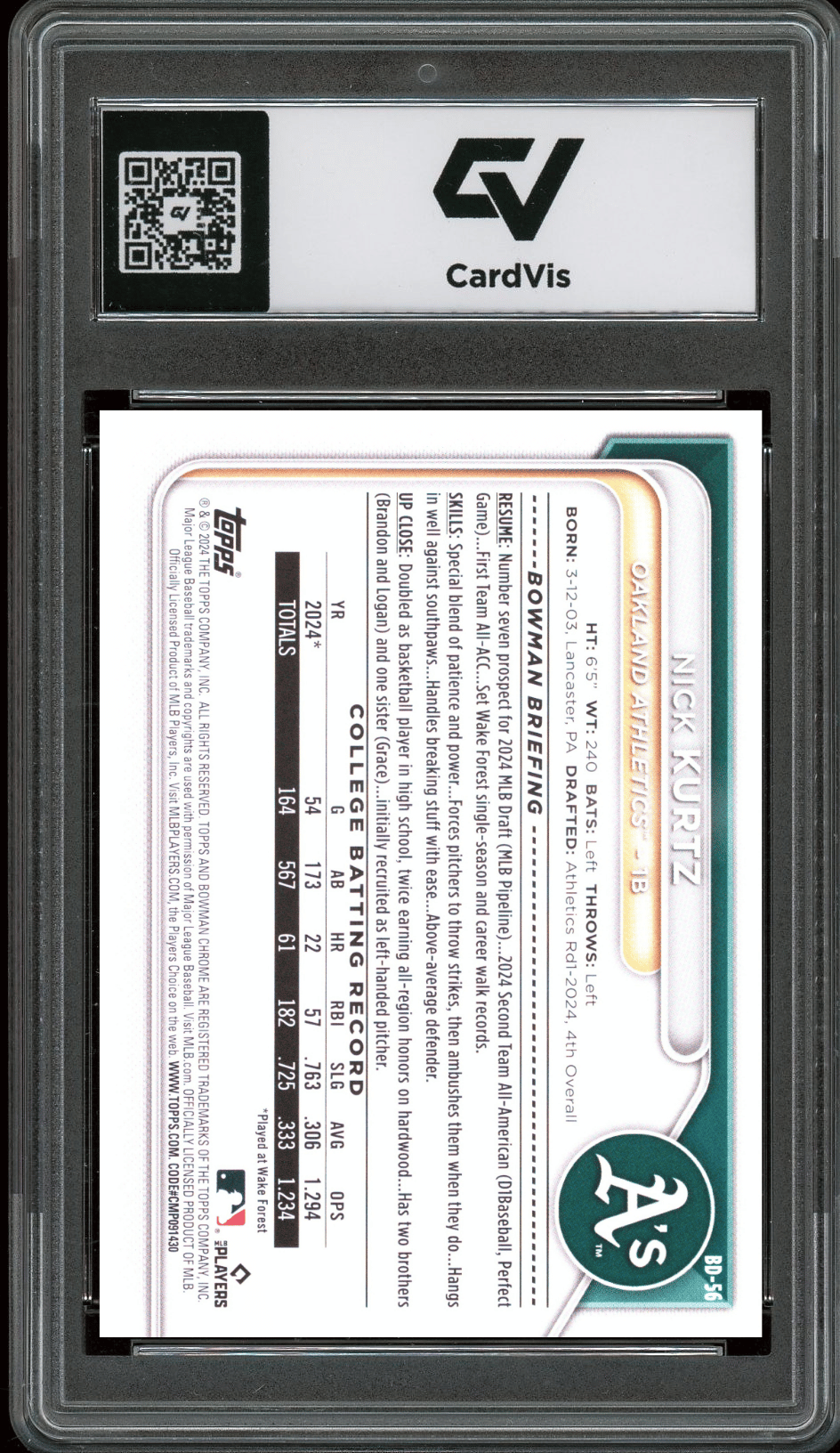 2024 Bowman Draft #BD56 Nick Kurtz Graded 10 Gem Mint - Back