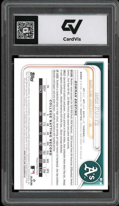 2024 Bowman Draft #BD56 Nick Kurtz Graded 10 Gem Mint - Back