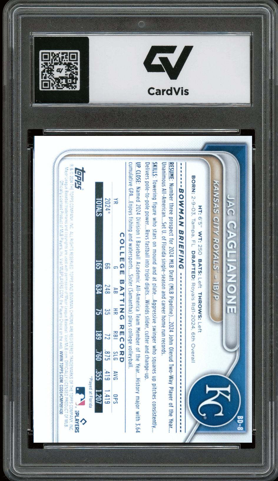2024 Bowman Draft #BD8 Jac Caglianone Graded 10 Gem Mint - Back