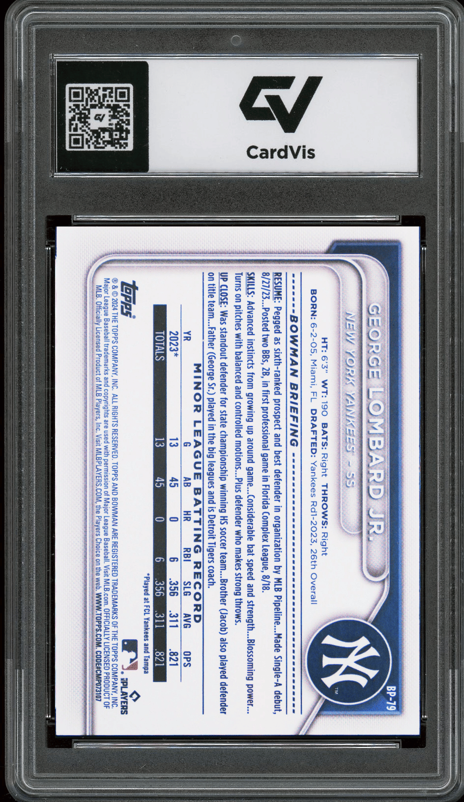 2024 Bowman Paper Prospects #BP79 George Lombard Jr Graded 10 Gem Mint - Back