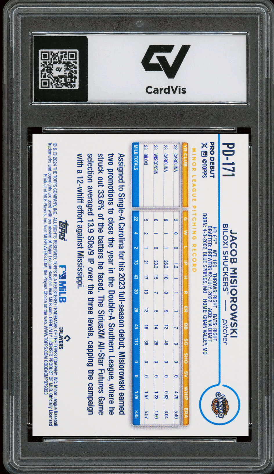 2024 Topps Pro Debut #PD171 Jacob Misiorowski Graded 10 Gem Mint - Back