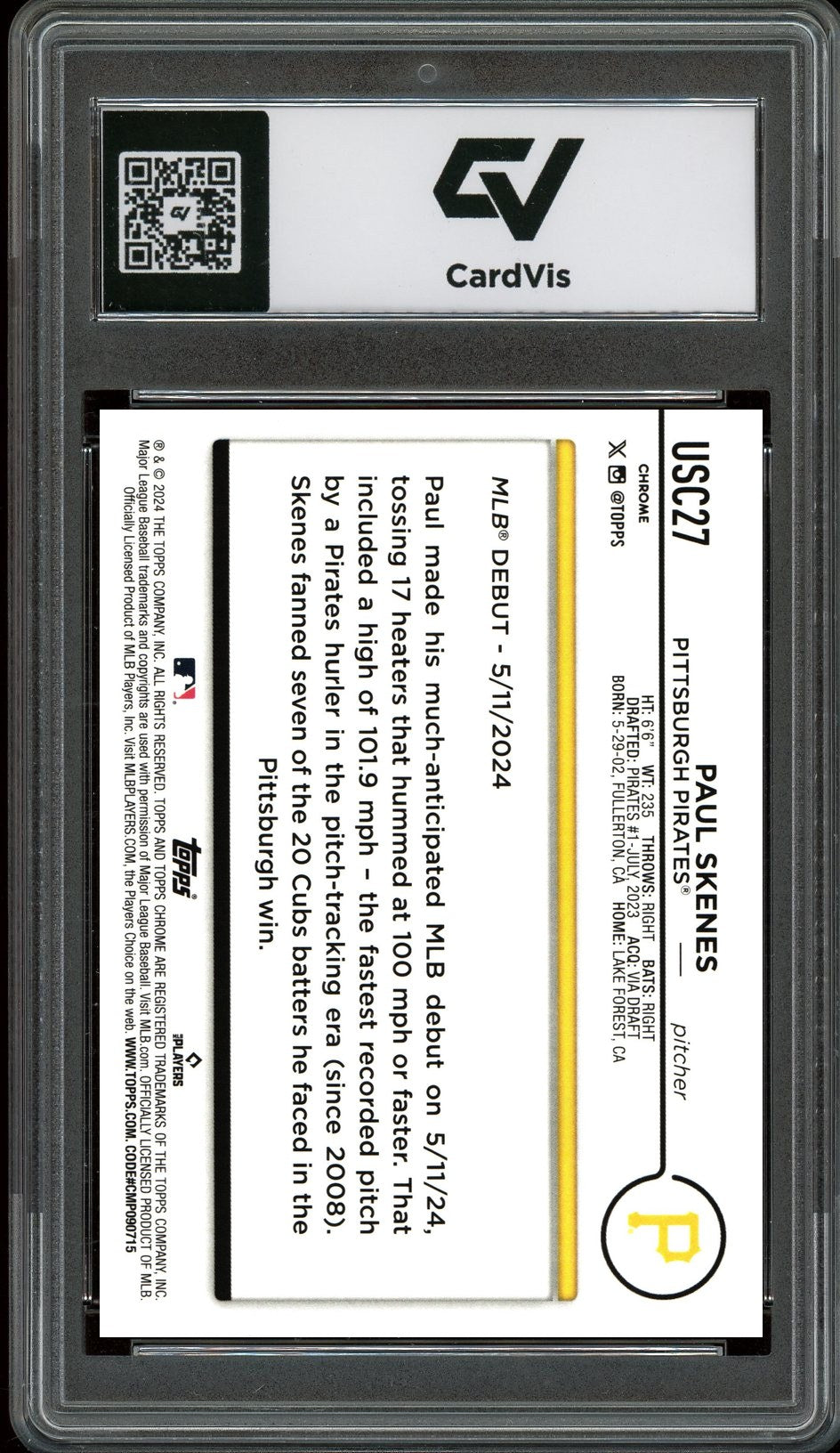 2024 Topps Chrome #USC27 Paul Skenes Graded 10 Gem Mint - Back