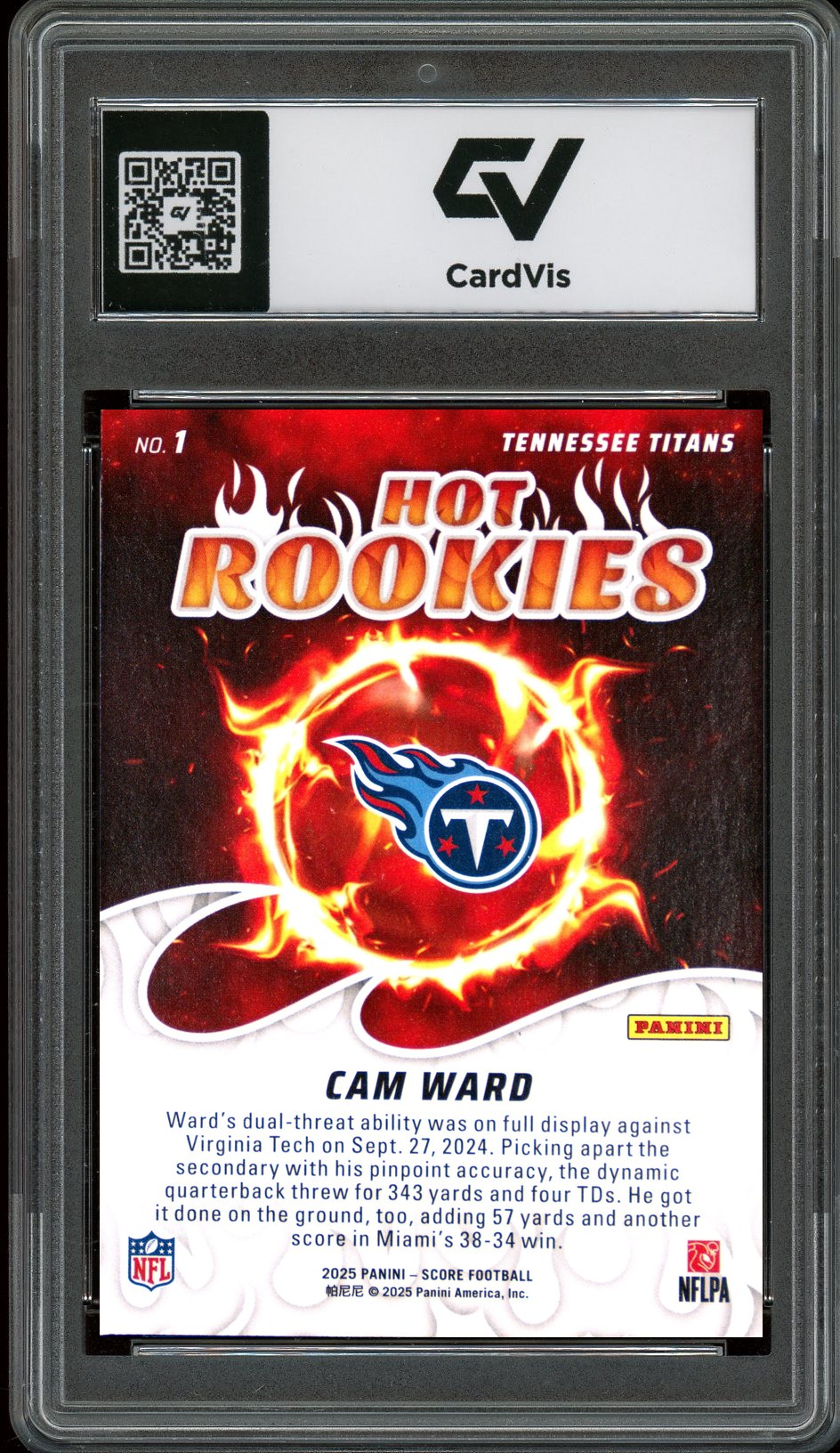 2025 Panini Score #1 Cam Ward Hot Rookies Graded 10 Gem Mint - Back