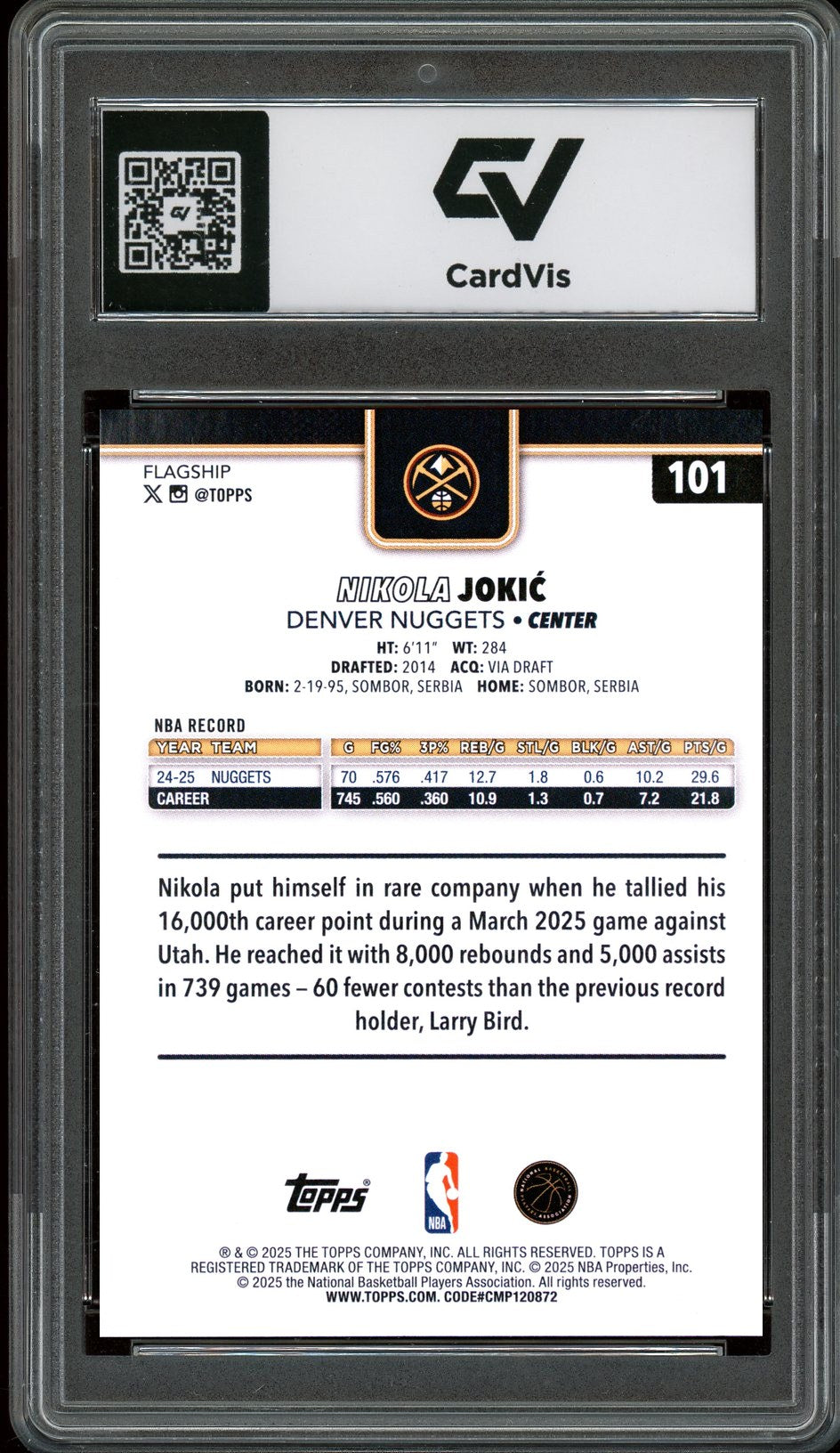 2025 Topps #101 Nikola Jokic Graded 10 Gem Mint - Back