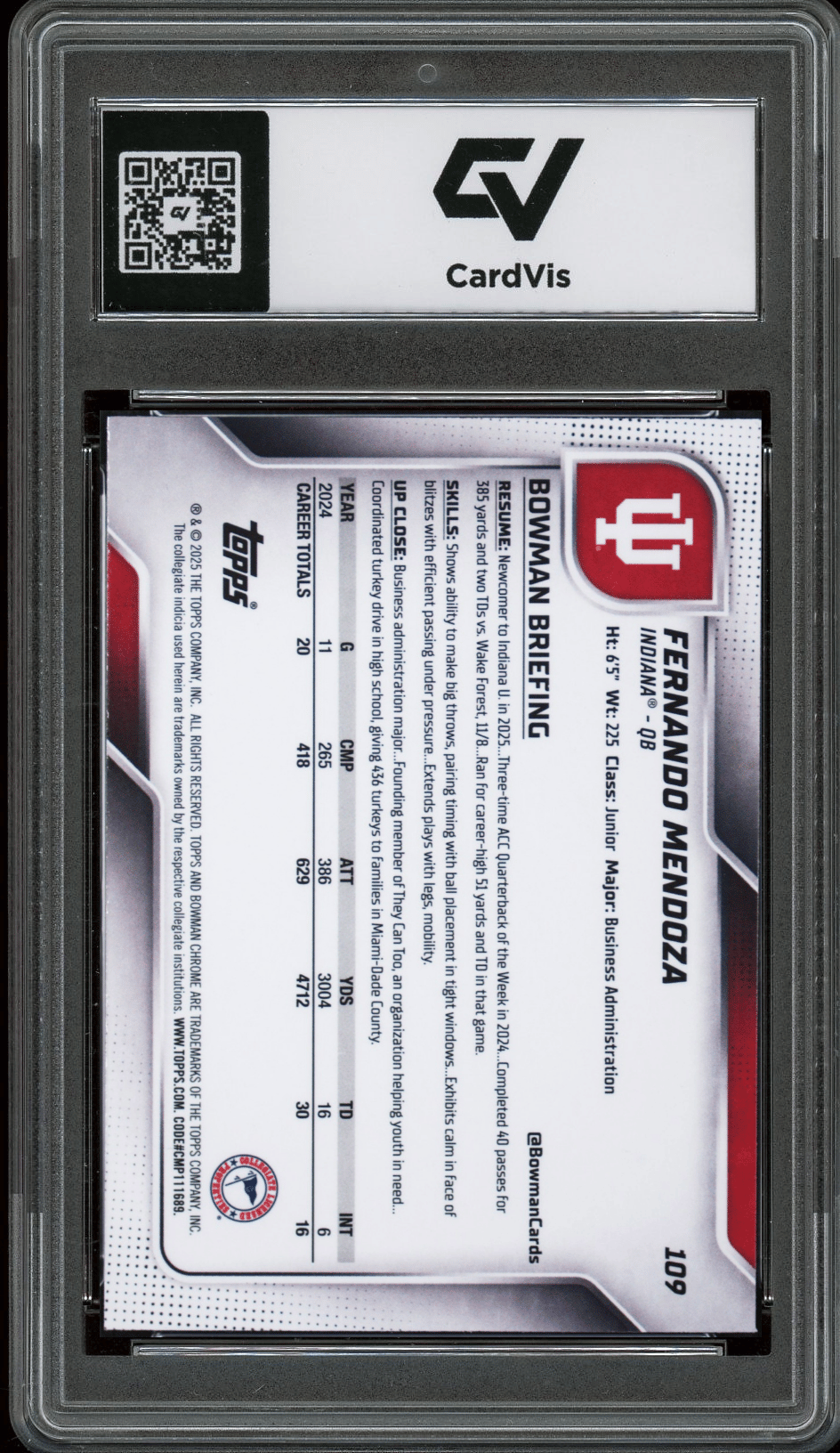 2025 Bowman University Chrome #109 Fernando Mendoza Graded 10 Gem Mint - Back