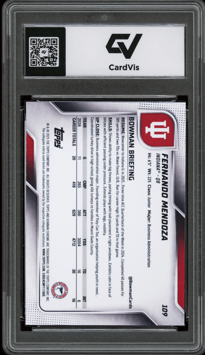 2025 Bowman University Chrome #109 Fernando Mendoza Graded 10 Gem Mint - Back