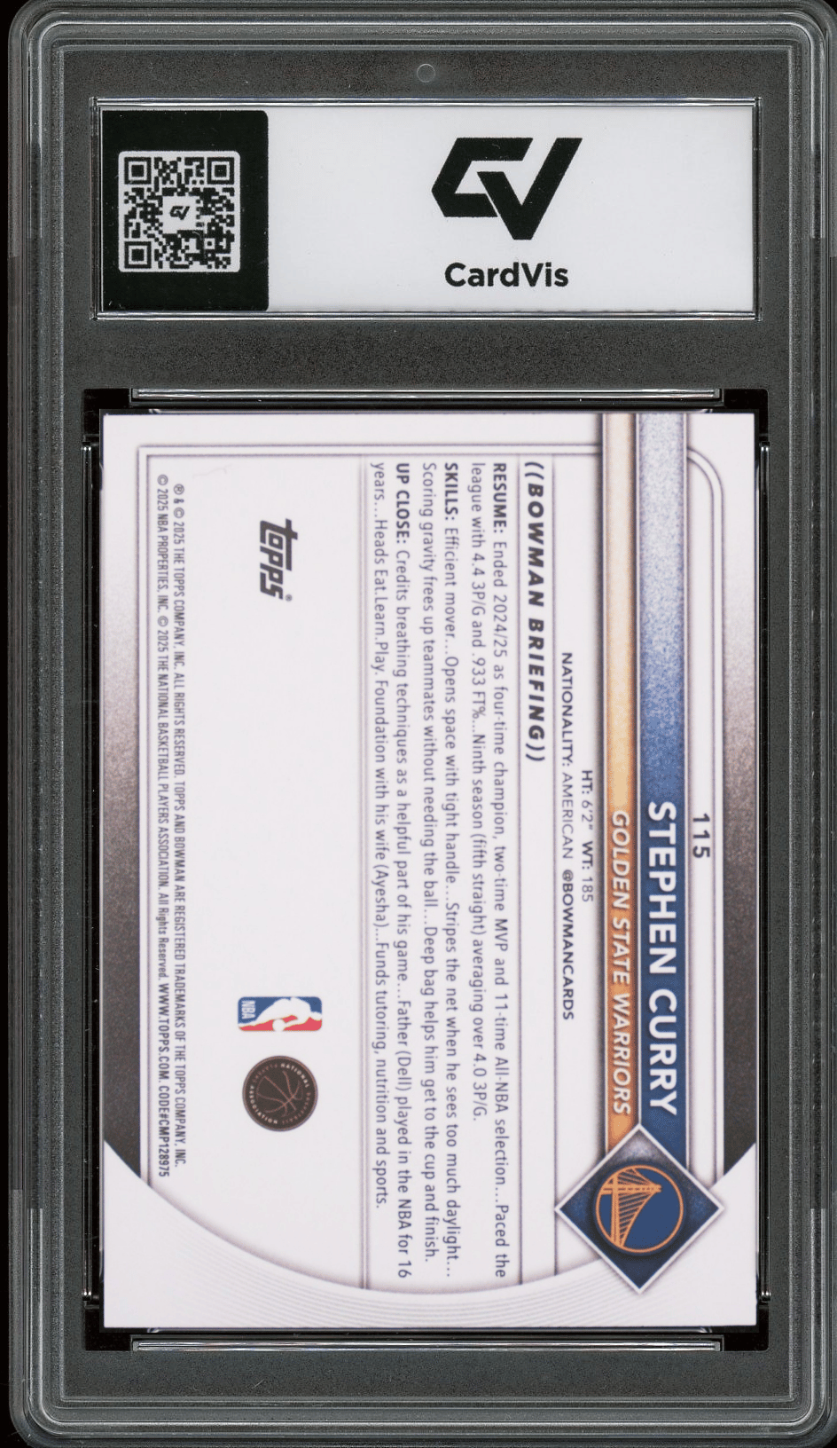 2025 Bowman #115 Stephen Curry Graded 10 Gem Mint - Back