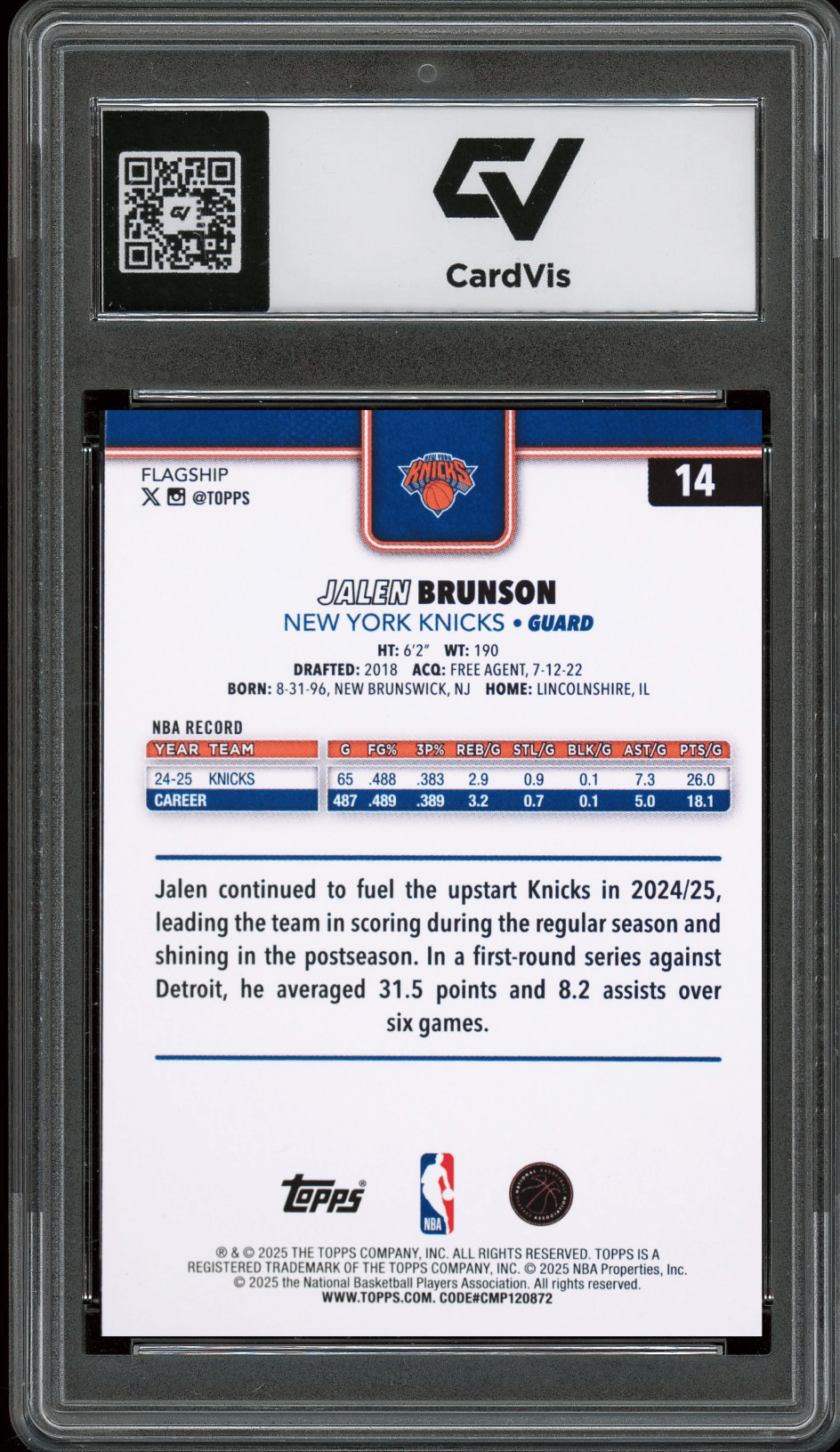 2025 Topps #14 Jalen Brunson Graded 10 Gem Mint - Back