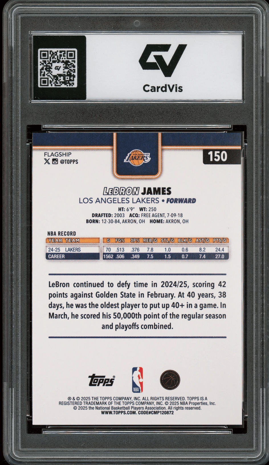 2025 Topps #150 Lebron James Graded 10 Gem Mint - Back