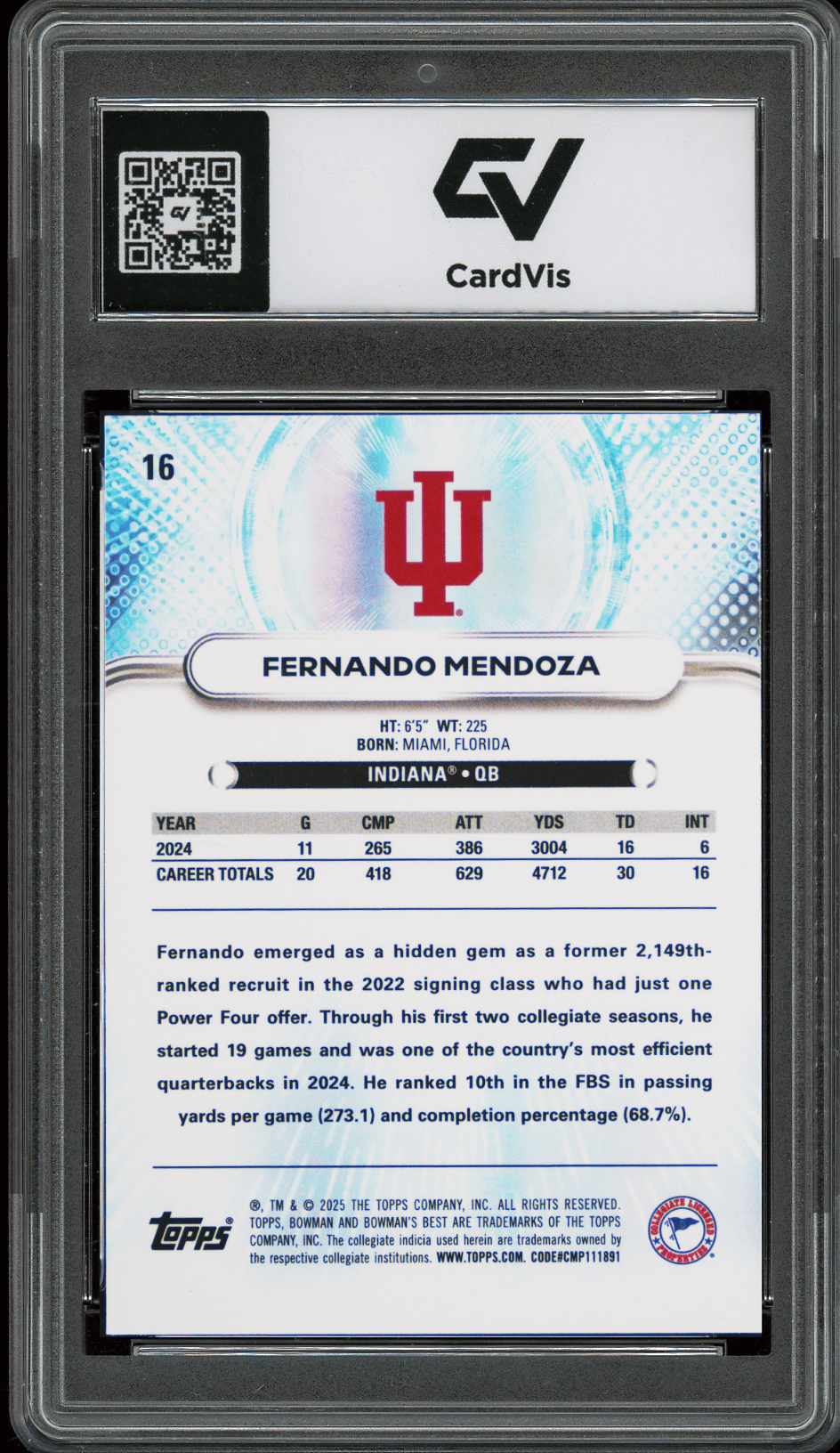 2025 Bowman Best University #16 Fernando Mendoza Graded 10 Gem Mint - Back