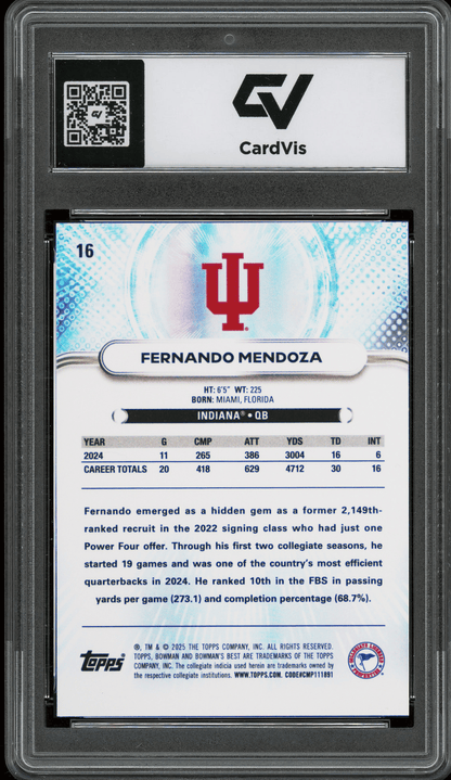 2025 Bowman Best University #16 Fernando Mendoza Graded 10 Gem Mint - Back