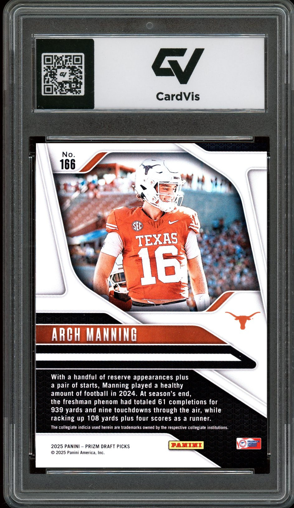 2025 Panini Prizm Draft Picks #166 Arch Manning Rookie Card RC Graded 10 Gem Mint - Back
