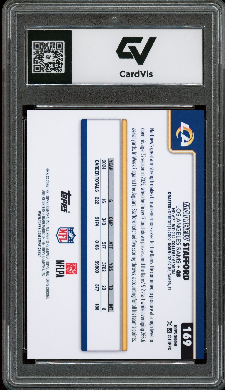 2025 Topps Chrome #169 Matthew Stafford Graded 10 Gem Mint - Back