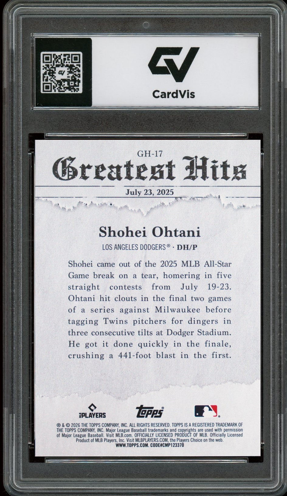 2025 Topps #17 Shohei Ohtani Greatest Hits Graded 10 Gem Mint - Back