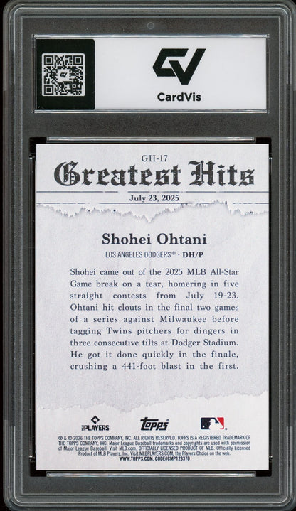 2025 Topps #17 Shohei Ohtani Greatest Hits Graded 10 Gem Mint - Back