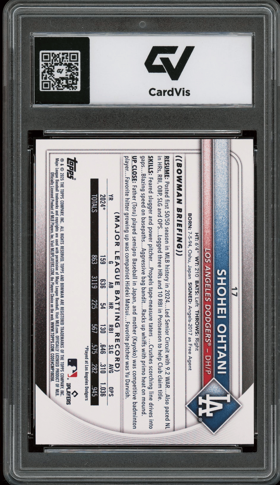2025 Bowman #17 Shohei Ohtani Graded 10 Gem Mint - Back
