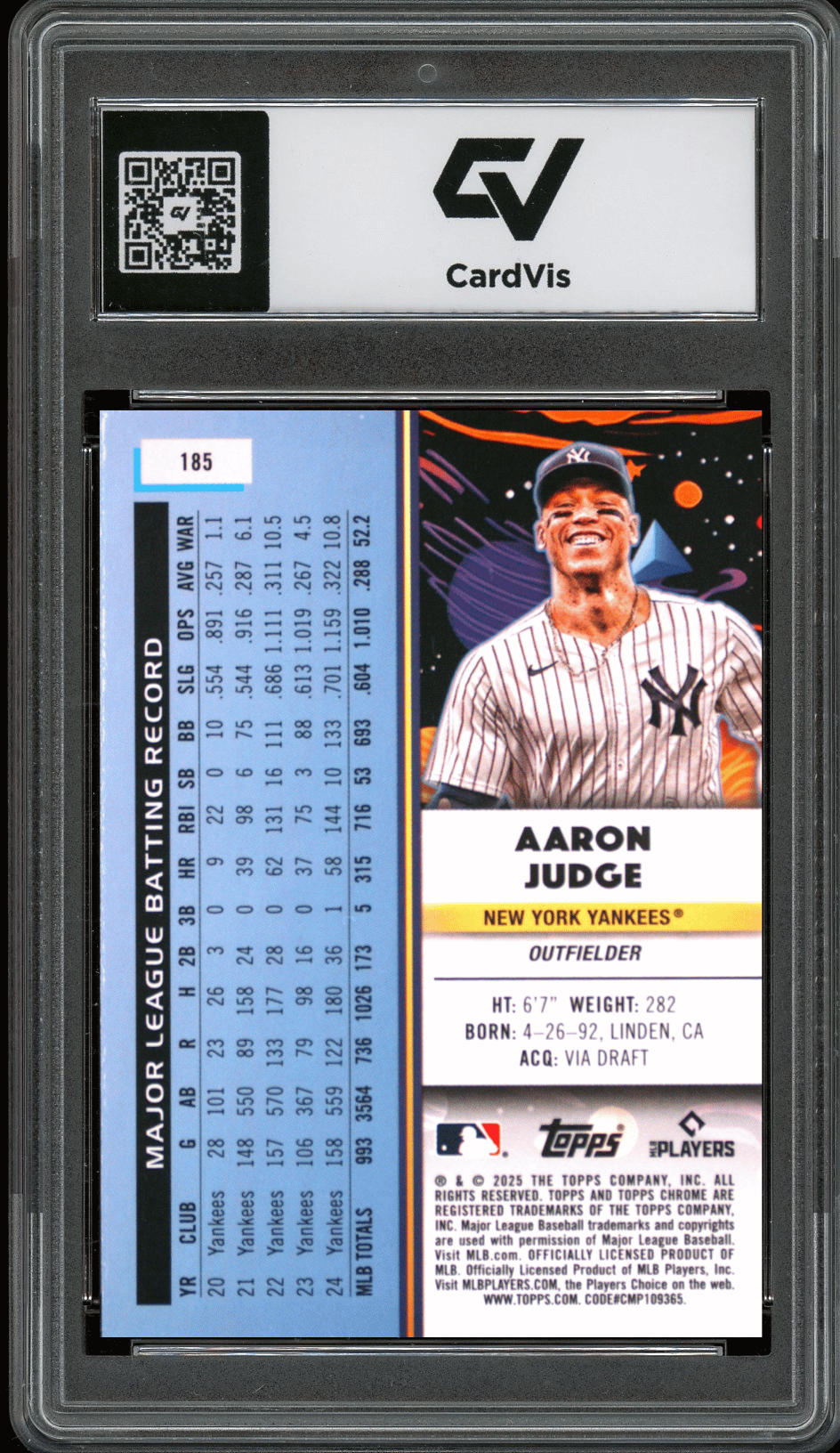 2025 Topps Cosmic Chrome #185 Aaron Judge Graded 10 Gem Mint - Back