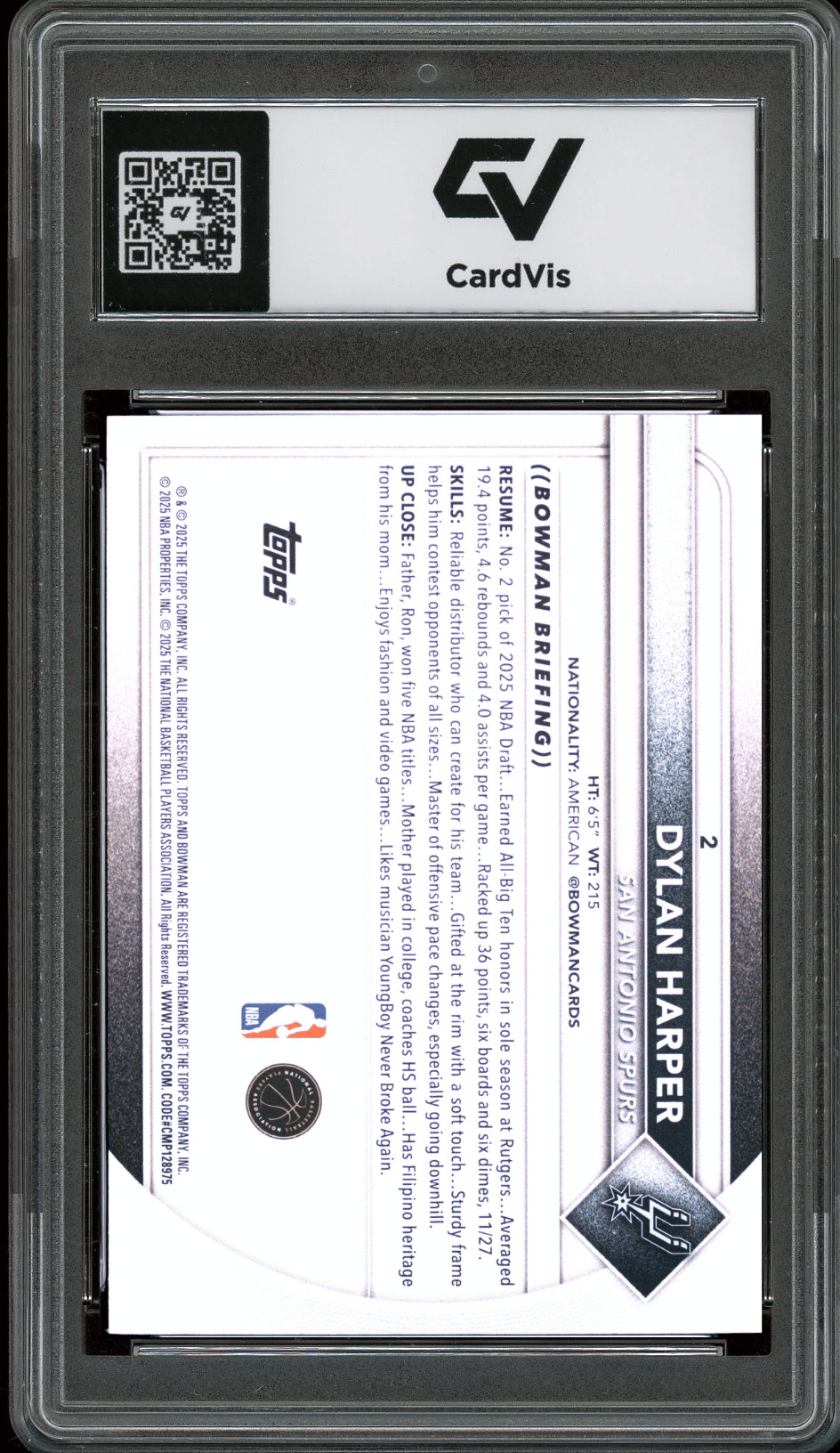 2025 Bowman #2 Dylan Harper Graded 10 Gem Mint - Back