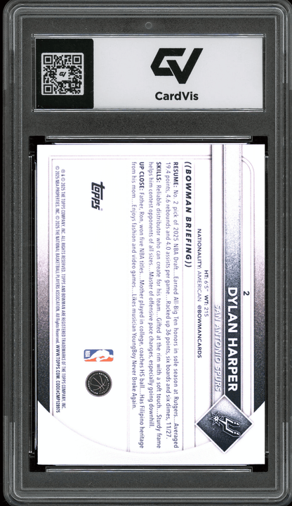 2025 Bowman #2 Dylan Harper Graded 10 Gem Mint - Back