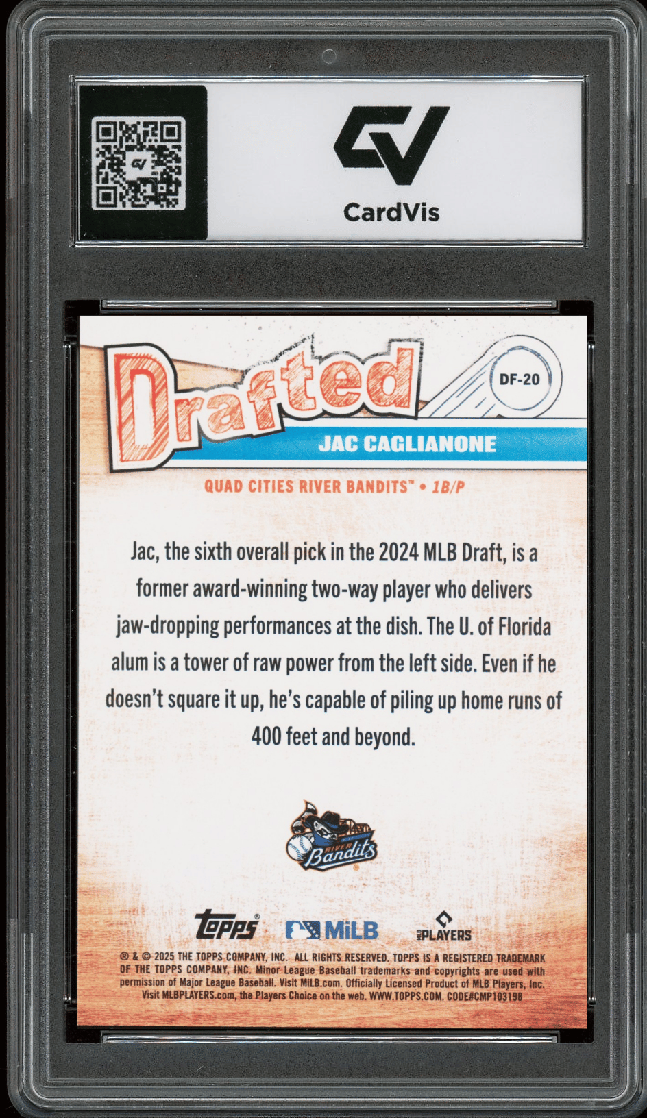 2025 Topps Pro Debut Drafted #20 Jac Caglianone Graded 10 Gem Mint - Back