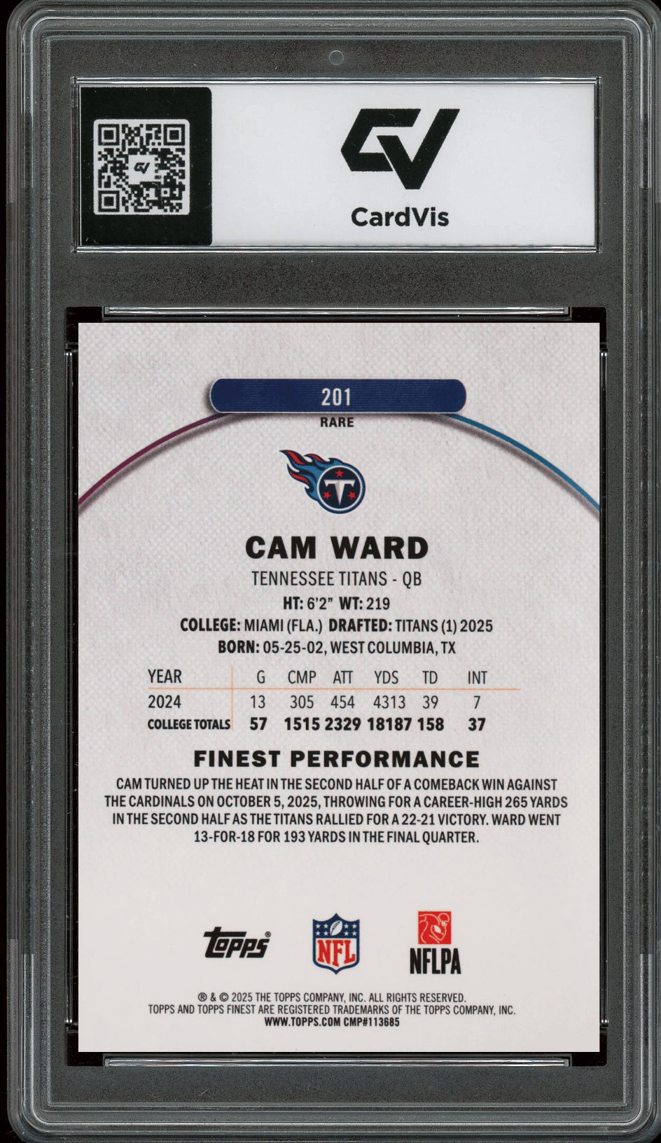 2025 Topps Finest #201 Cam Ward Graded 10 Gem Mint - Back